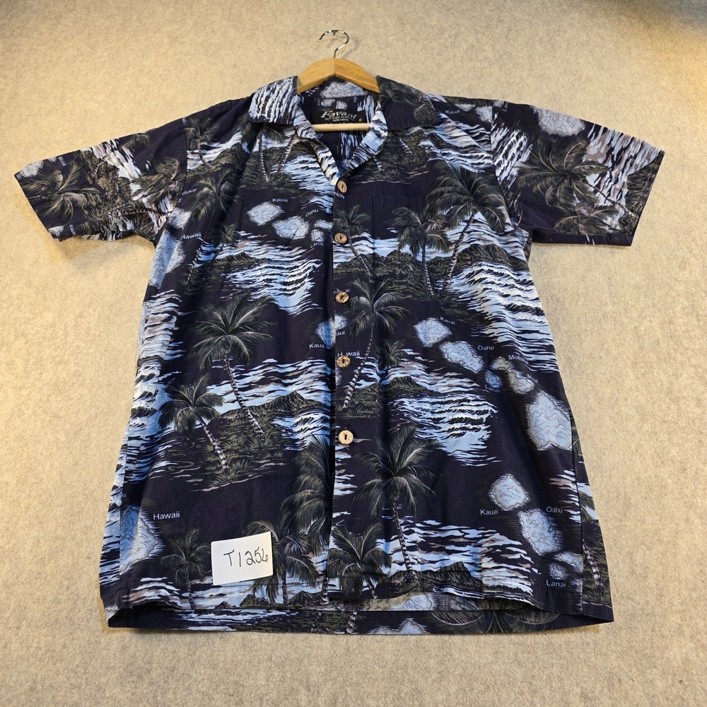 Favant Mens Hawaiian Shirt Small‎ Navy Blue Cotton Island Map Palm Tree Aloha S